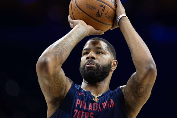 Feb 3, 2024; Philadelphia, Pennsylvania, USA; Philadelphia 76ers forward Marcus Morris Sr. warms up before action against the Brooklyn Nets at Wells Fargo Center.